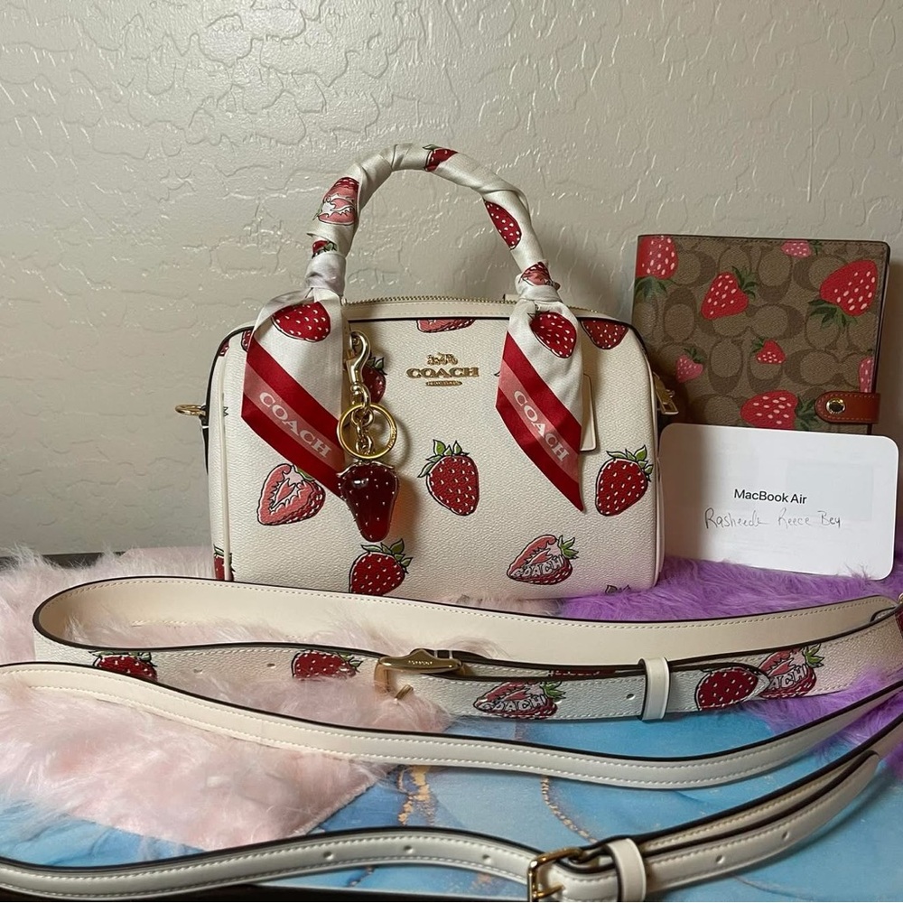 Retro Strawberry Print Silk Skinny Scarf - Picture 2 of 2